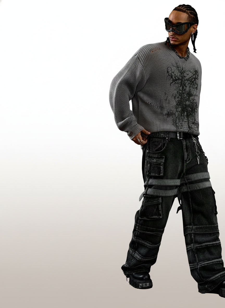 Men's Grunge Graphic Cargo Denim Jeans