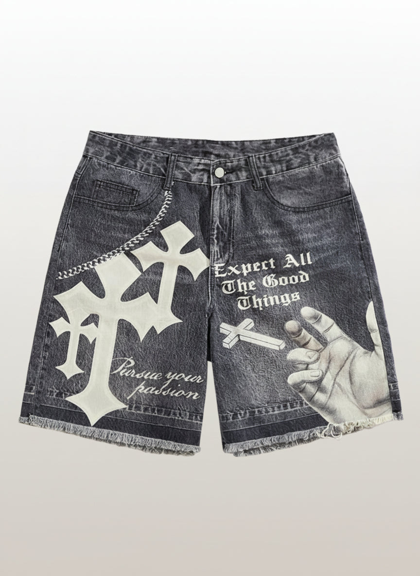 Men's Punk Chain Pattern Denim Shorts