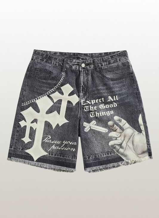Men's Punk Chain Pattern Denim Shorts