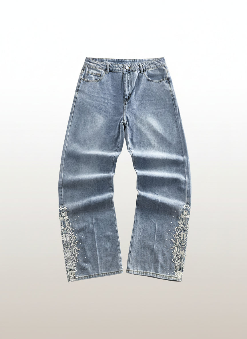 Men's Floral Embroidered Wide-Leg Casual Jeans