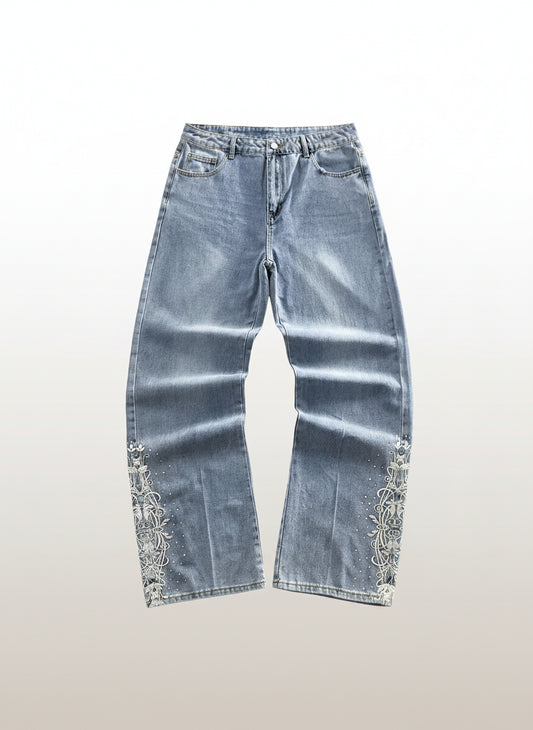 Men's Floral Embroidered Wide-Leg Casual Jeans