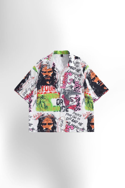 Men's Grunge Buttoned Short Sleeve Printed Casual Shirt