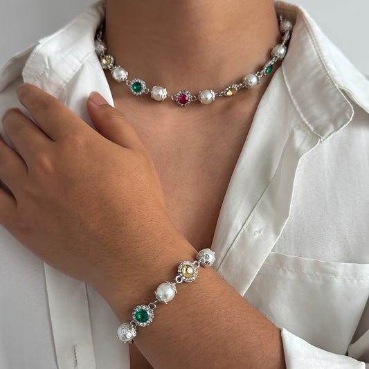 Colored Imitation Pearl Necklace and Bracelet