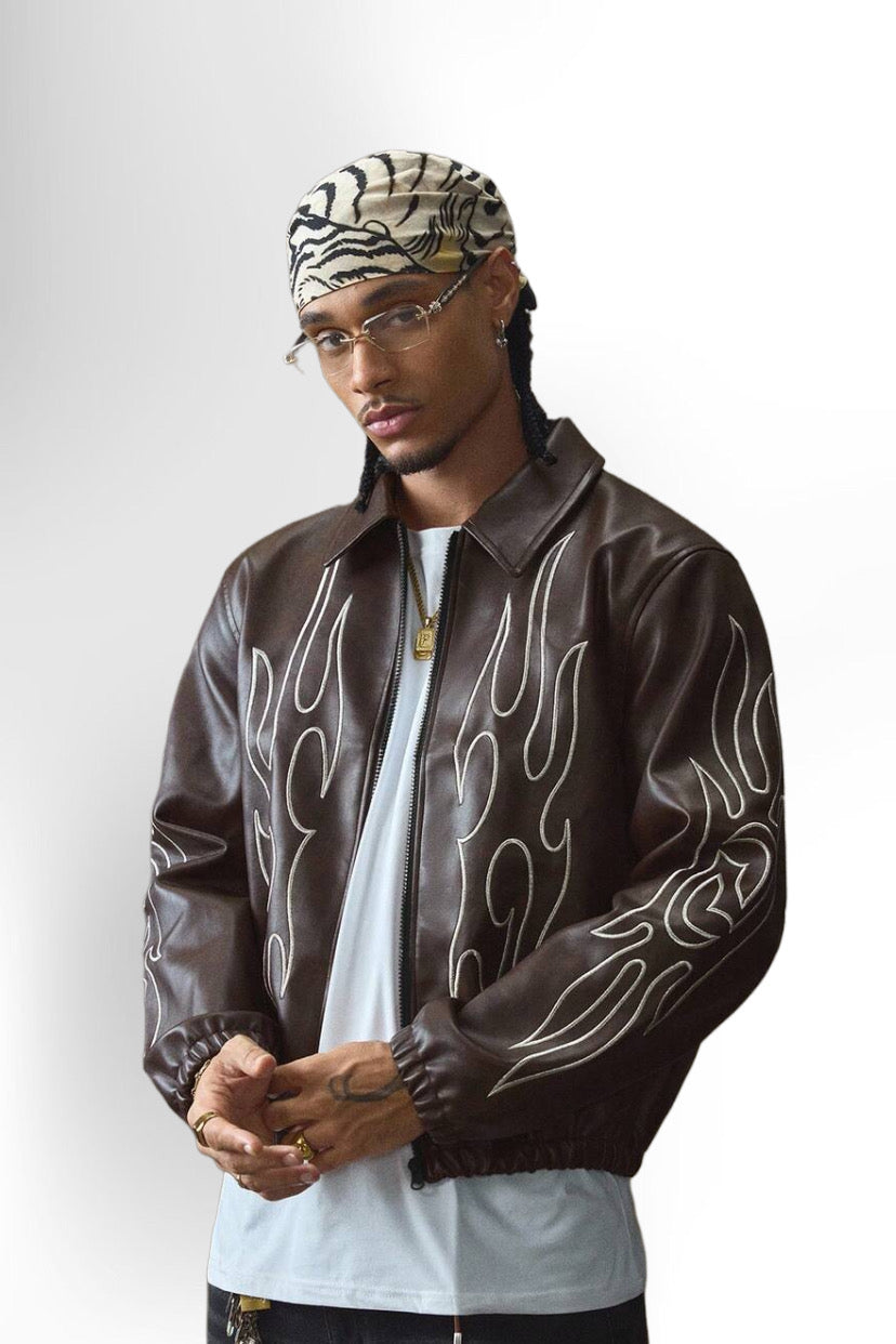 Men's Autumn Flame Pattern Long Sleeve Zip-Up Casual PU Leather Jacket