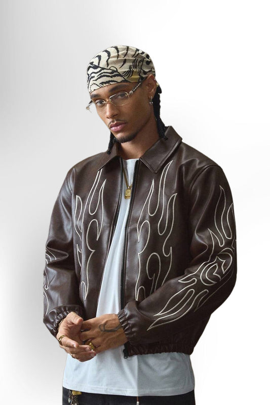 Men's Autumn Flame Pattern Long Sleeve Zip-Up Casual PU Leather Jacket