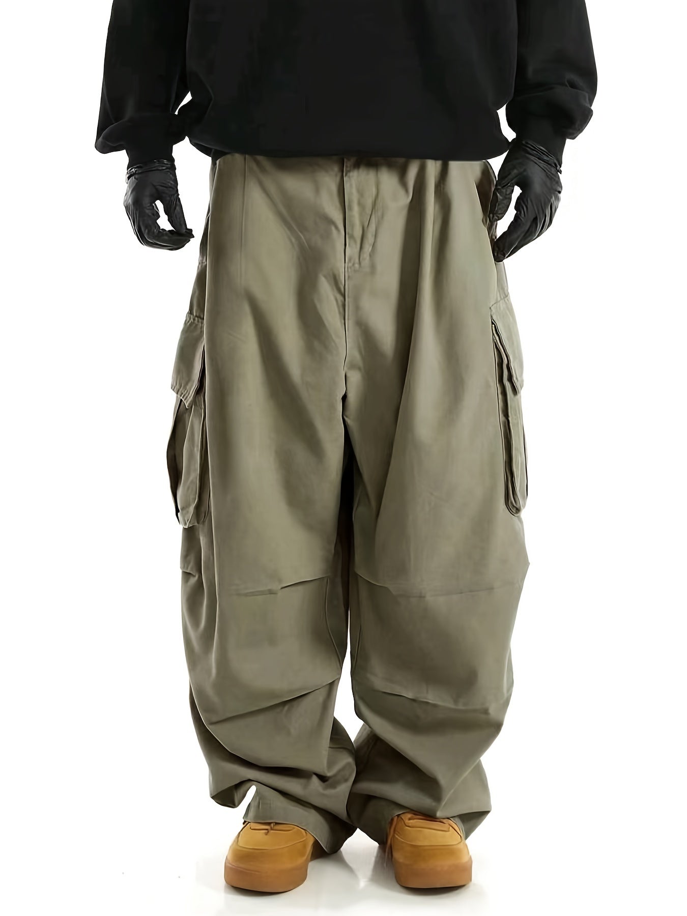 Solid Multi Flap Pockets Men's Straight Leg Cargo Pants