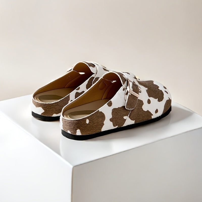 Women's Slip-On Corduroy Mules with Cow Print