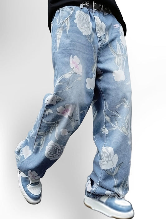 Men's Vintage Floral Print Loose Fit Straight
