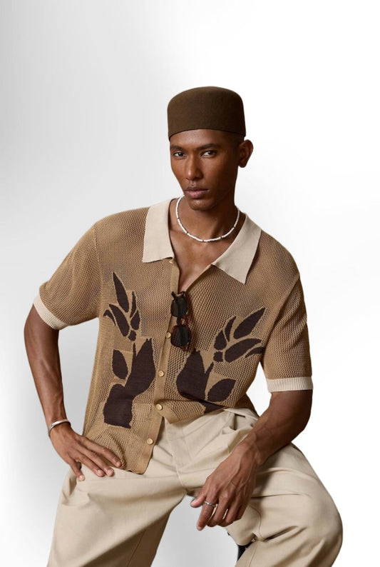 Men's Crochet Brown Floral Knit Casual Loose Fit Short Sleeve Knitted Shirt