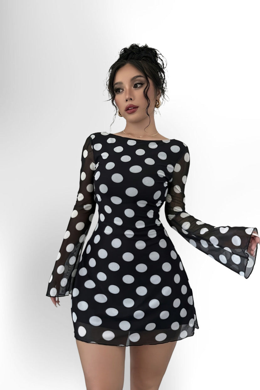 Women's Elegant Black & White Polka Dot Backless Mesh Mini Dress