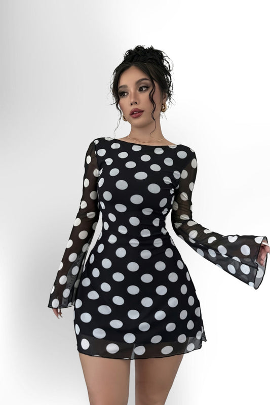 Women's Elegant Black & White Polka Dot Backless Mesh Mini Dress