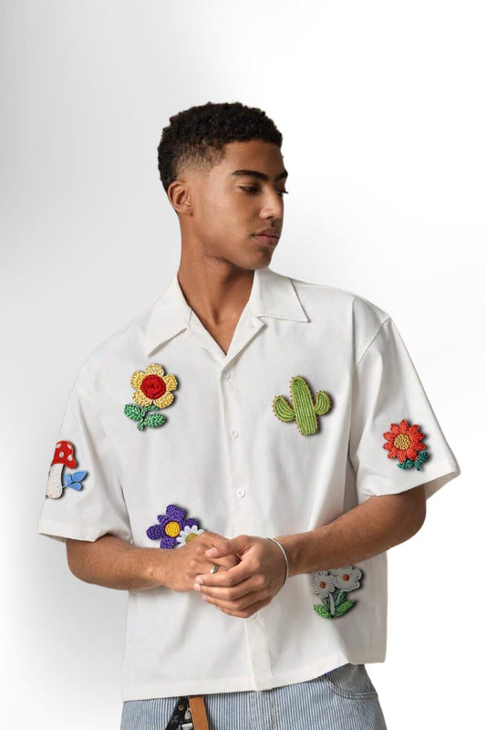 Men's 3D Floral Decor Casual Short Sleeve White Shirt