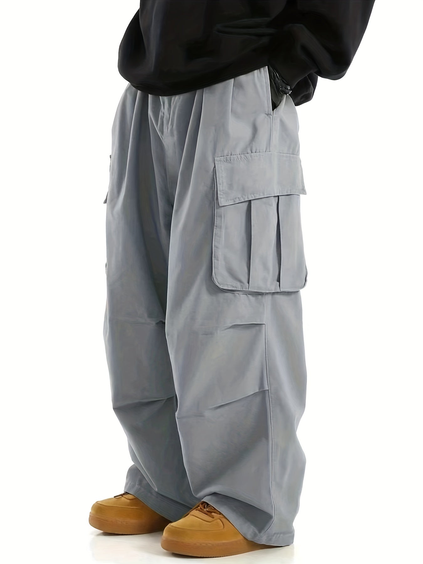 Solid Multi Flap Pockets Men's Straight Leg Cargo Pants