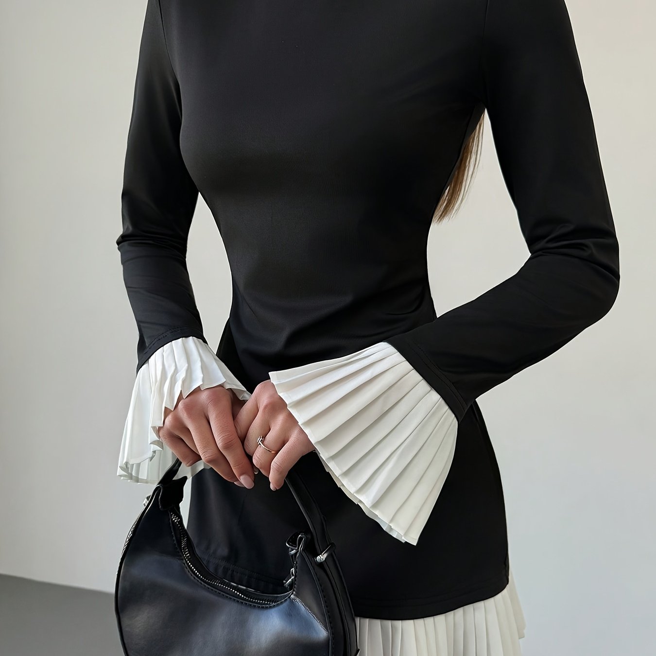 Women's Elegant A-Line Dress with Long Ruffled Sleeves & Pleated Hem
