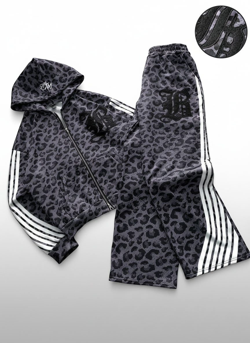 Leopard Print Stripe Embroidered Hoodie Set