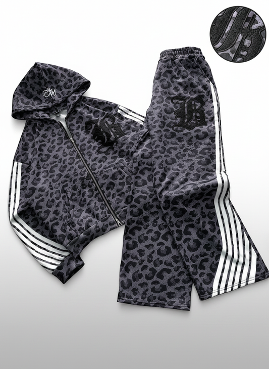 Leopard Print Stripe Embroidered Hoodie Set