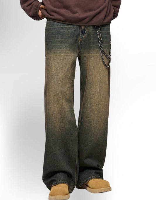 Men's Fashionable Washed Cut-Off Wide-Leg Faux Denim
