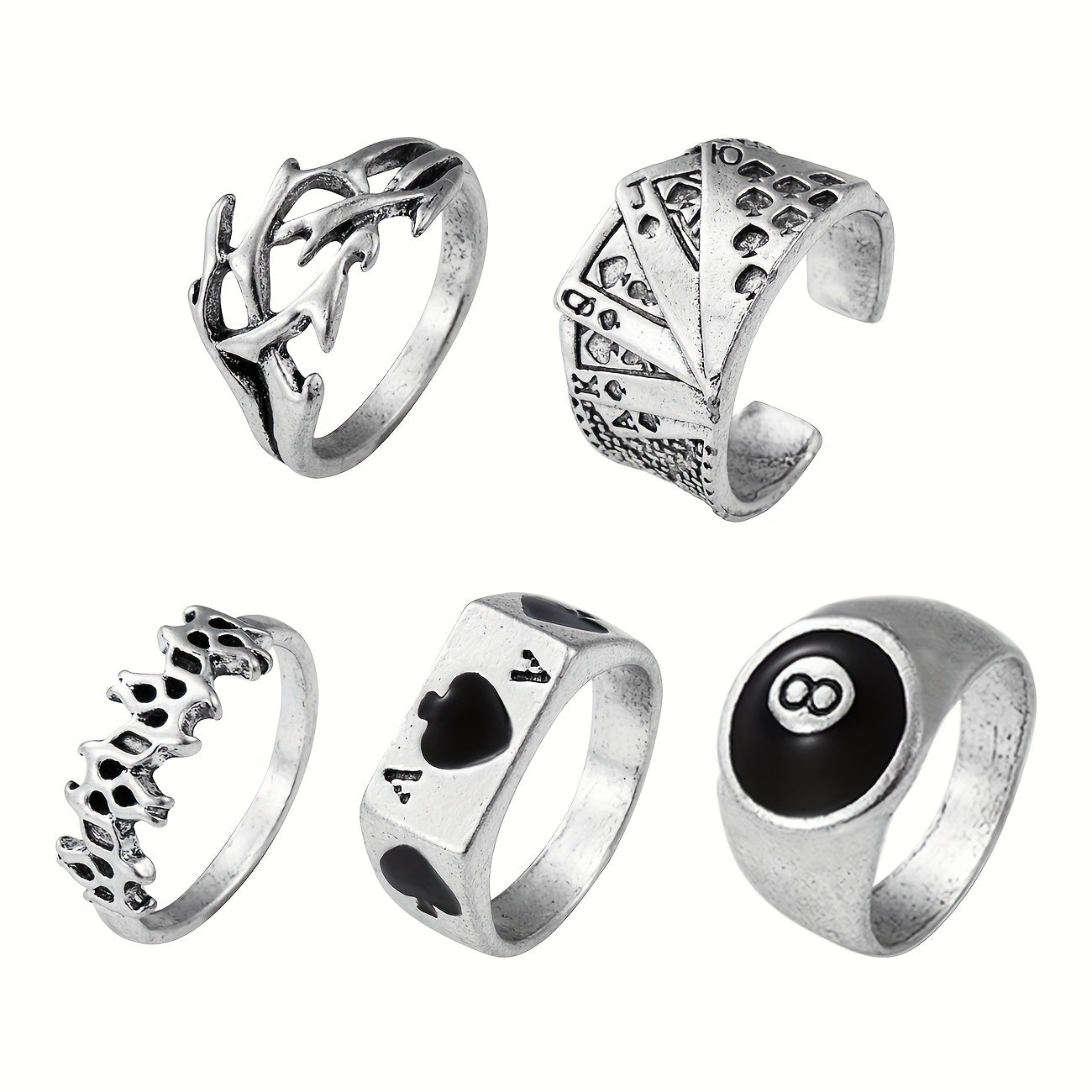 Set Of 5 Silvery Vintage Ring Sets