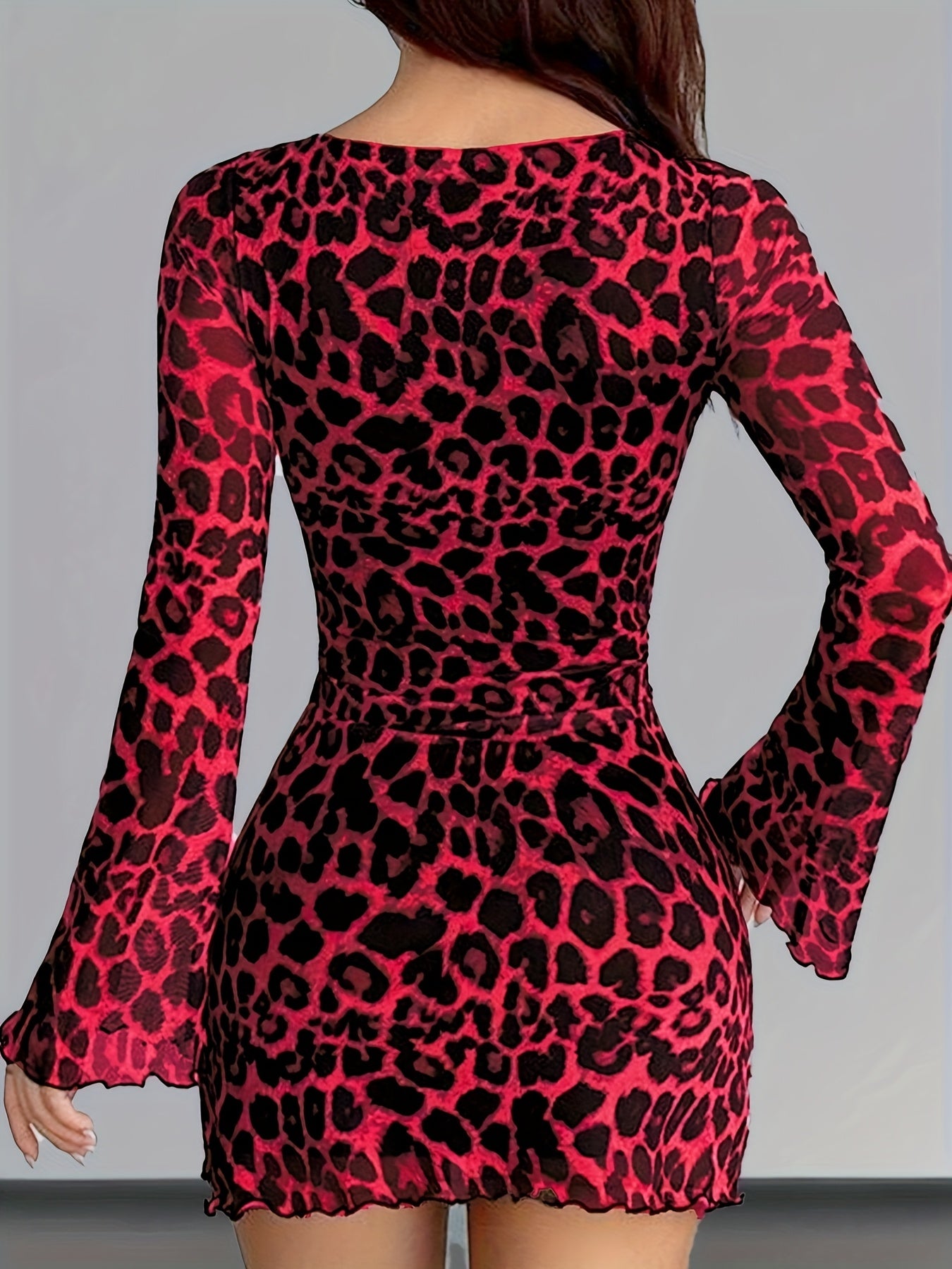 Leopard Print Mesh Long Sleeve Dress