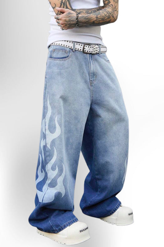 Men's Vintage Light Blue Distressed Denim Loose Wide Leg Pants