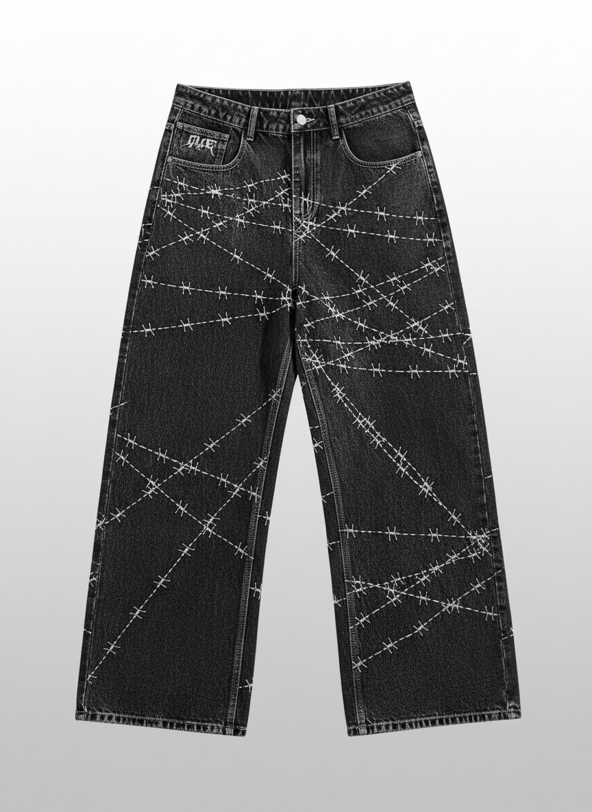 Thorn Print Loose Wide Leg Jeans