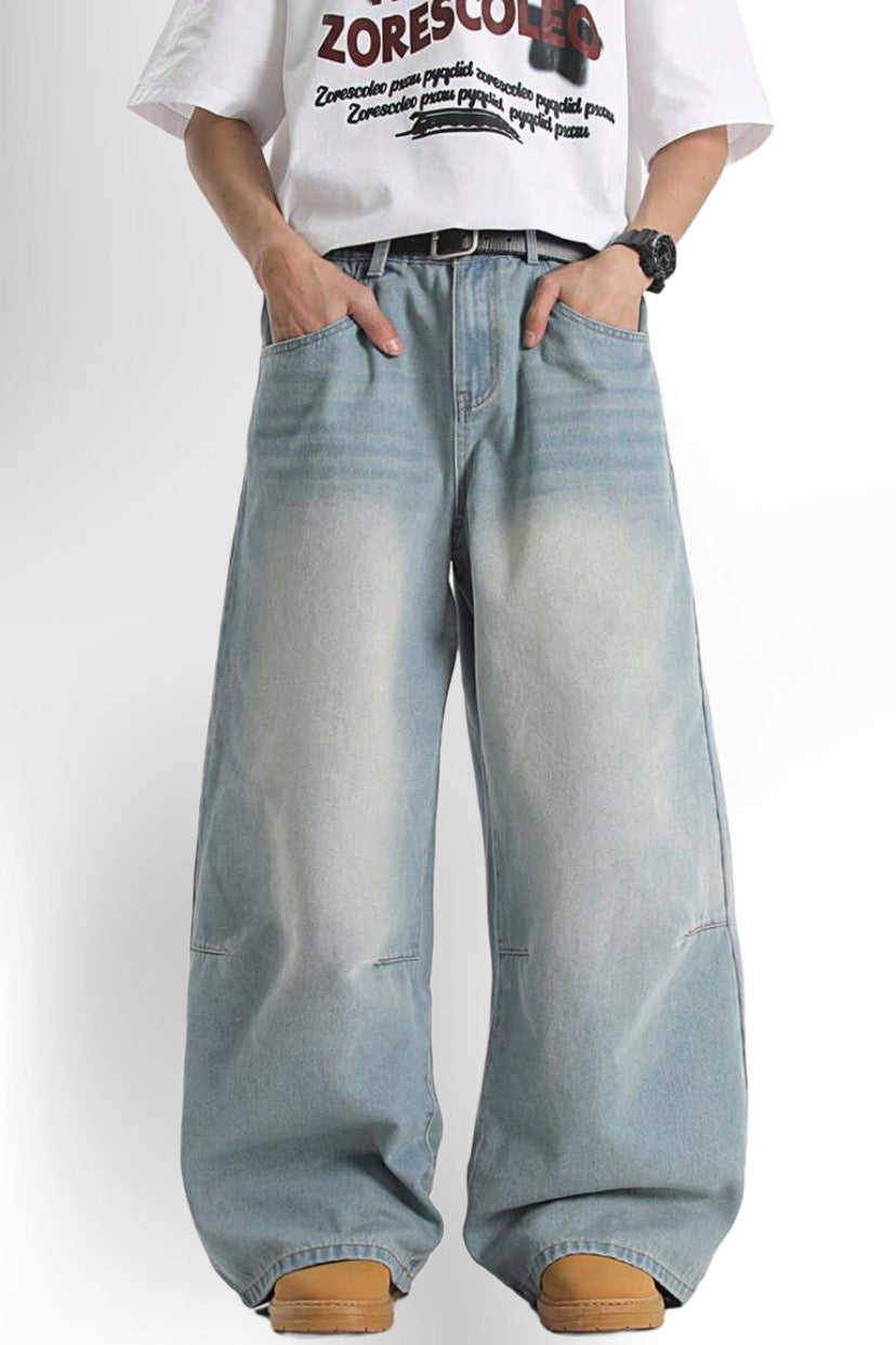 Men's Light Blue Vintage Washed Loose Straight Leg Jeans