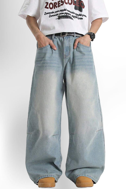 Men's Light Blue Vintage Washed Loose Straight Leg Jeans