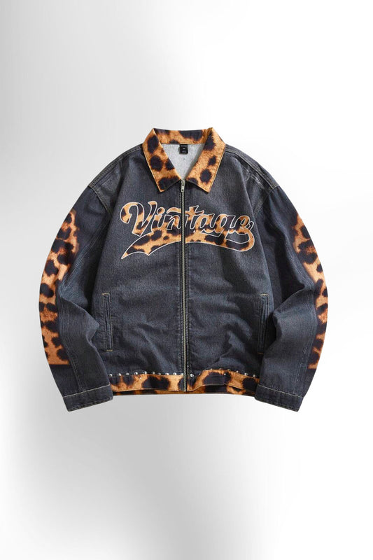 Men's Autumn Leopard Print Letter Graphic Zip-Up Casual Denim Jacket