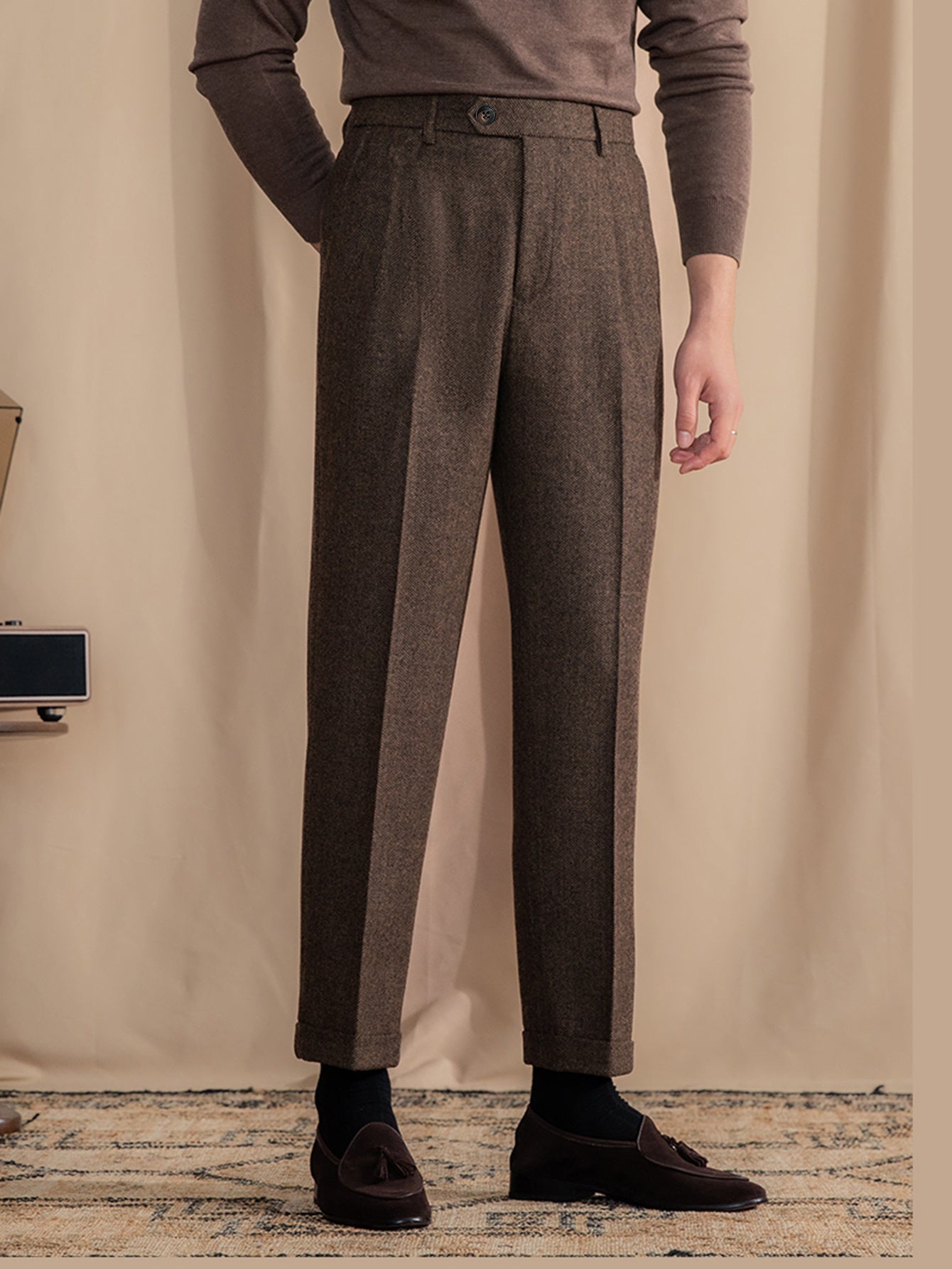 Men's Herringbone Patterned Casual Trousers