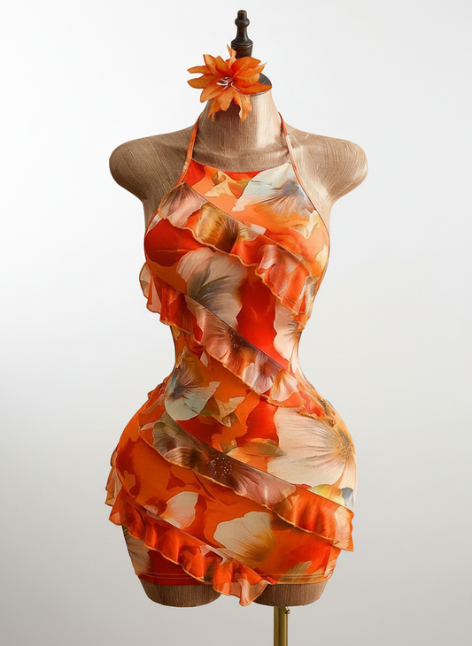 Floral Print Ruffled Halter Mini Dress