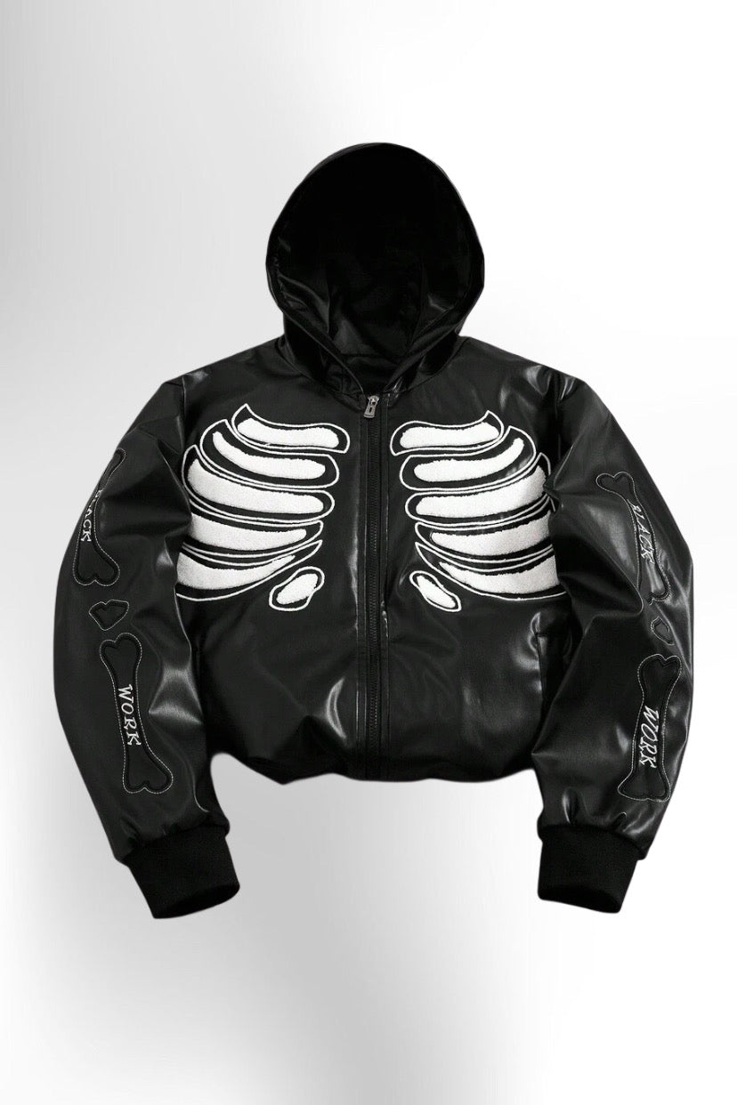 Men's Gothic Skeleton Embroidered PU Zip-Up PU Leather Hooded Jacket