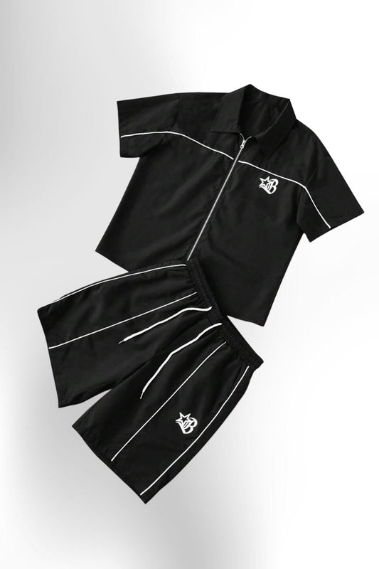 Men's 2pcs Zipper Short Sleeve Shirt And Drawstring Shorts Set