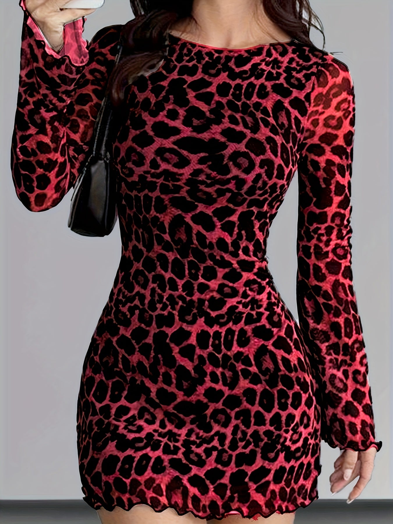 Leopard Print Mesh Long Sleeve Dress