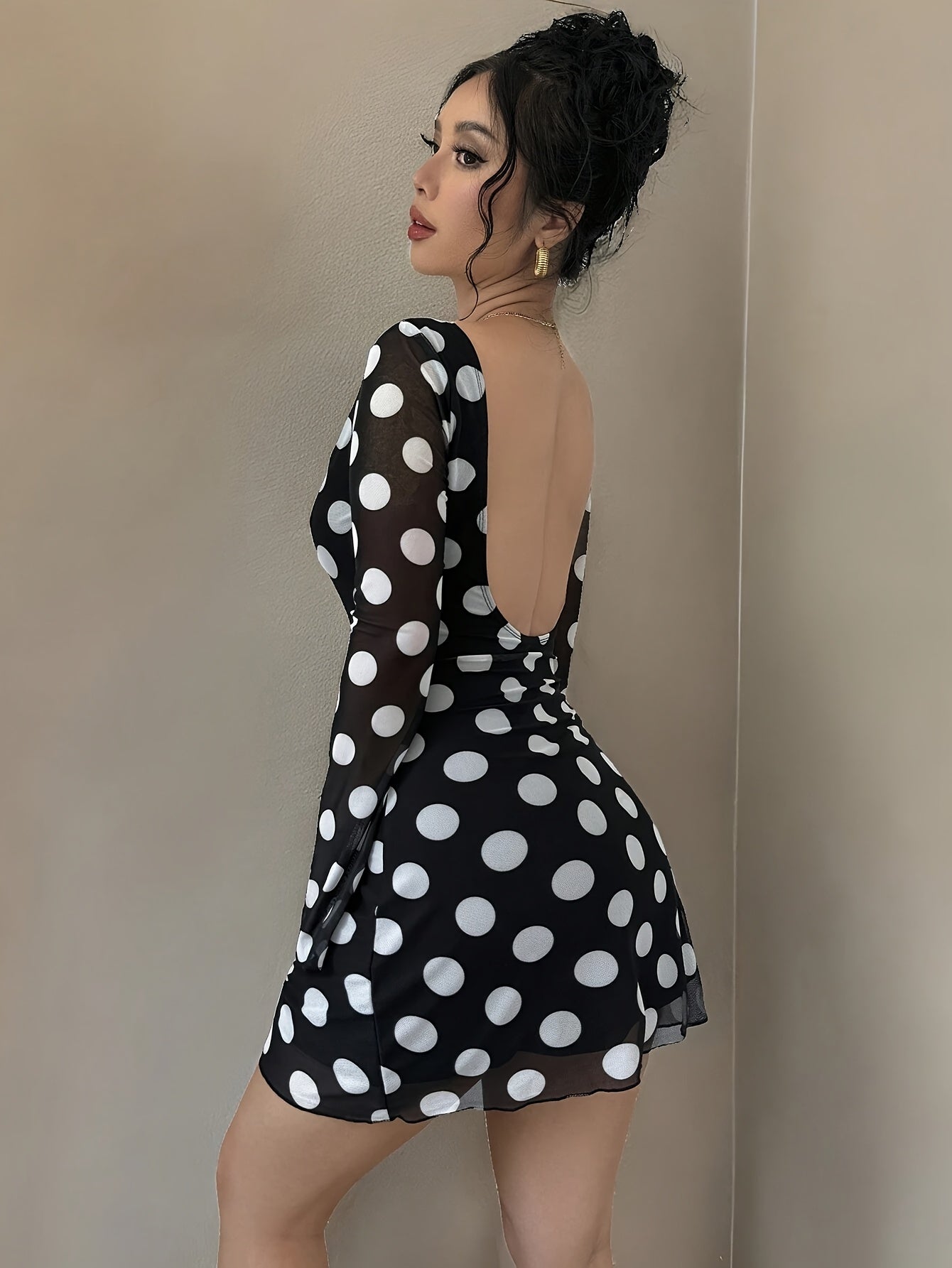 Women's Elegant Black & White Polka Dot Backless Mesh Mini Dress