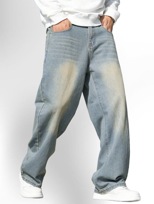 Men's Whiskered Slanted Pocket Denim Baggy Jeans