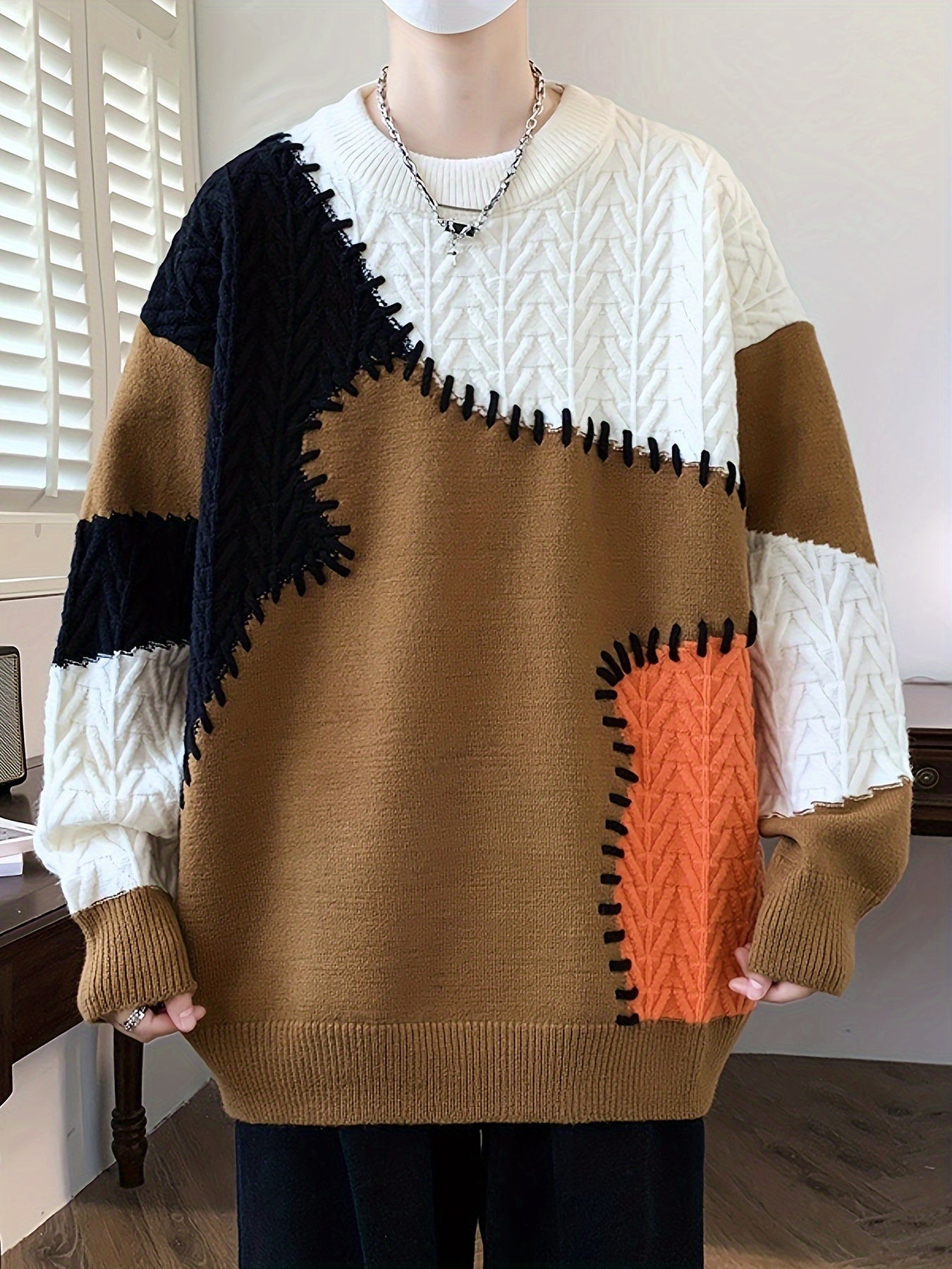 Men's Color-Block Cable Knit Sweater