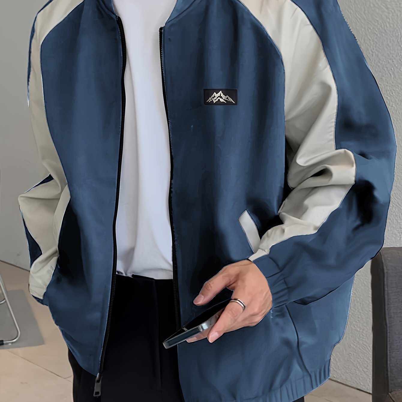 Color Block Jacket with Baseball Collar