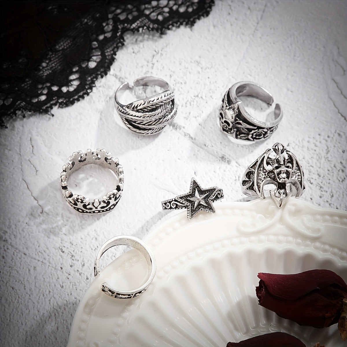 Set Of 6 Punk Skull Rings