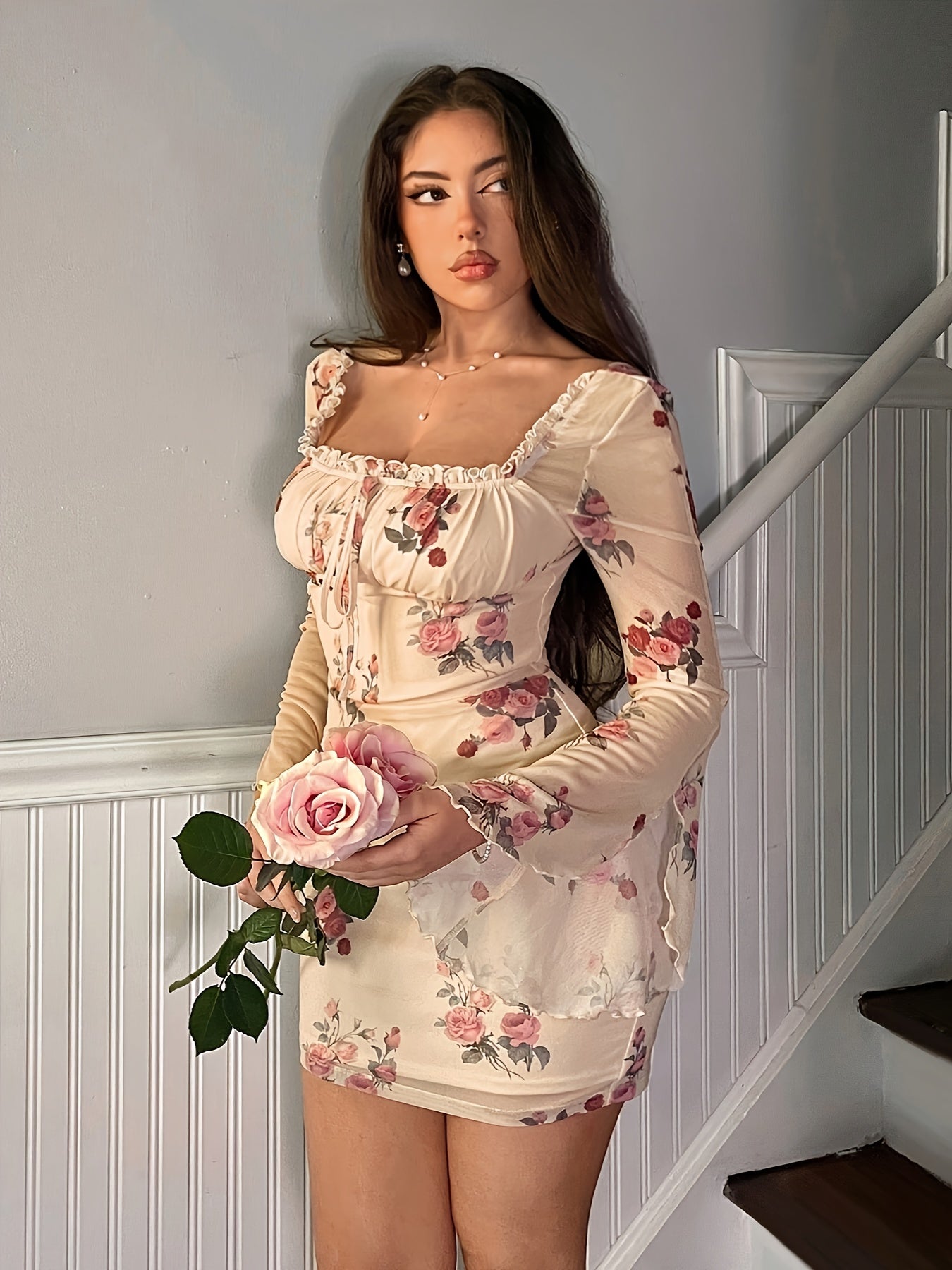 Women'S Floral Print Bodycon Mini Dress