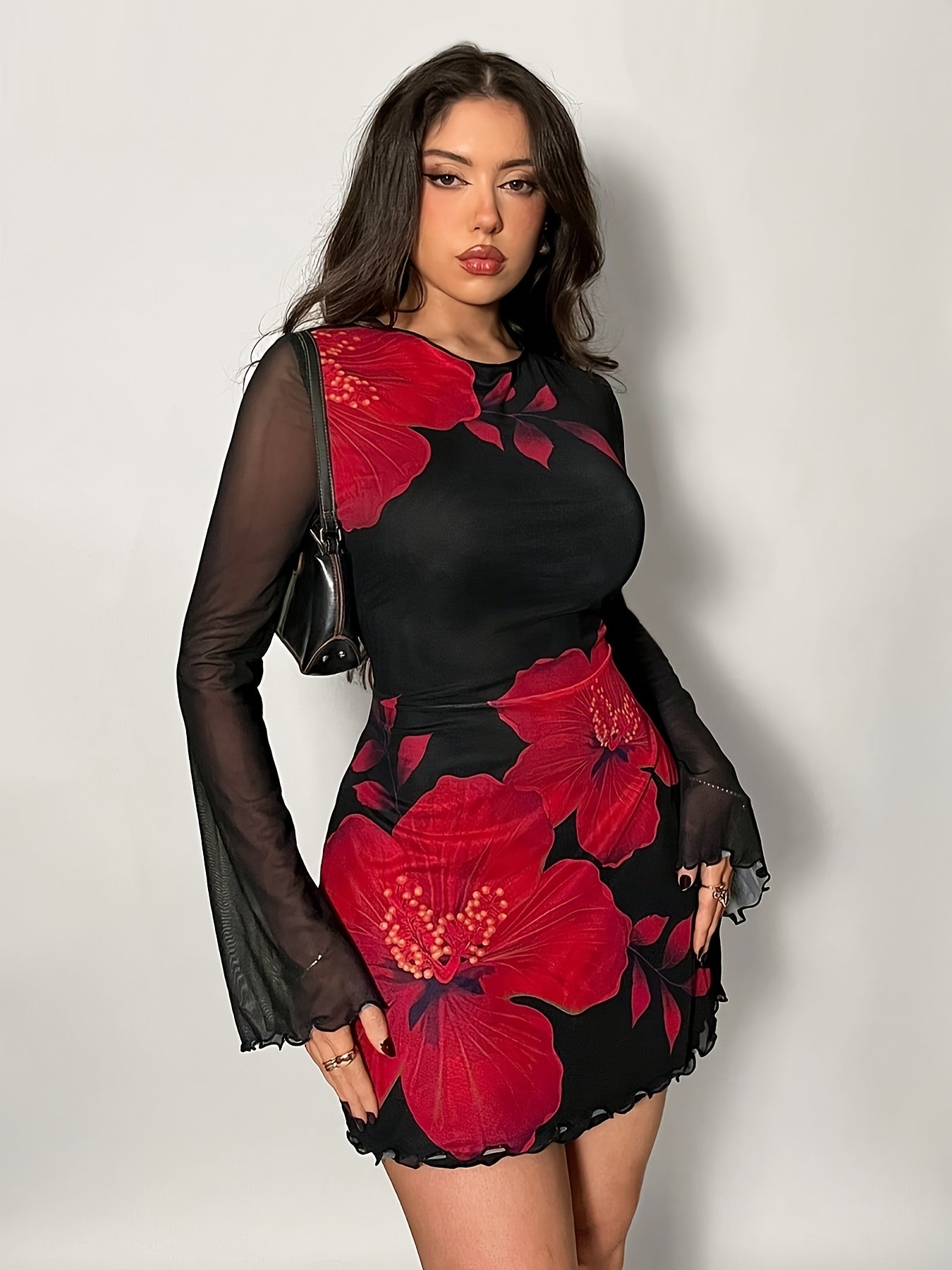 Women'S Floral Print Backless Mini Dress with Bell Sleeves