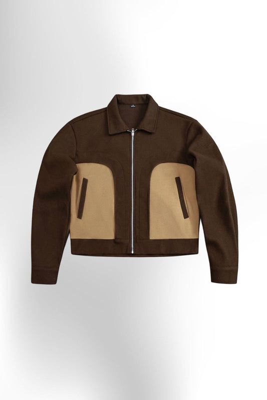 Men's Streetwear Style Brown & Tan Colorblock Zip-Up Cropped Jacket