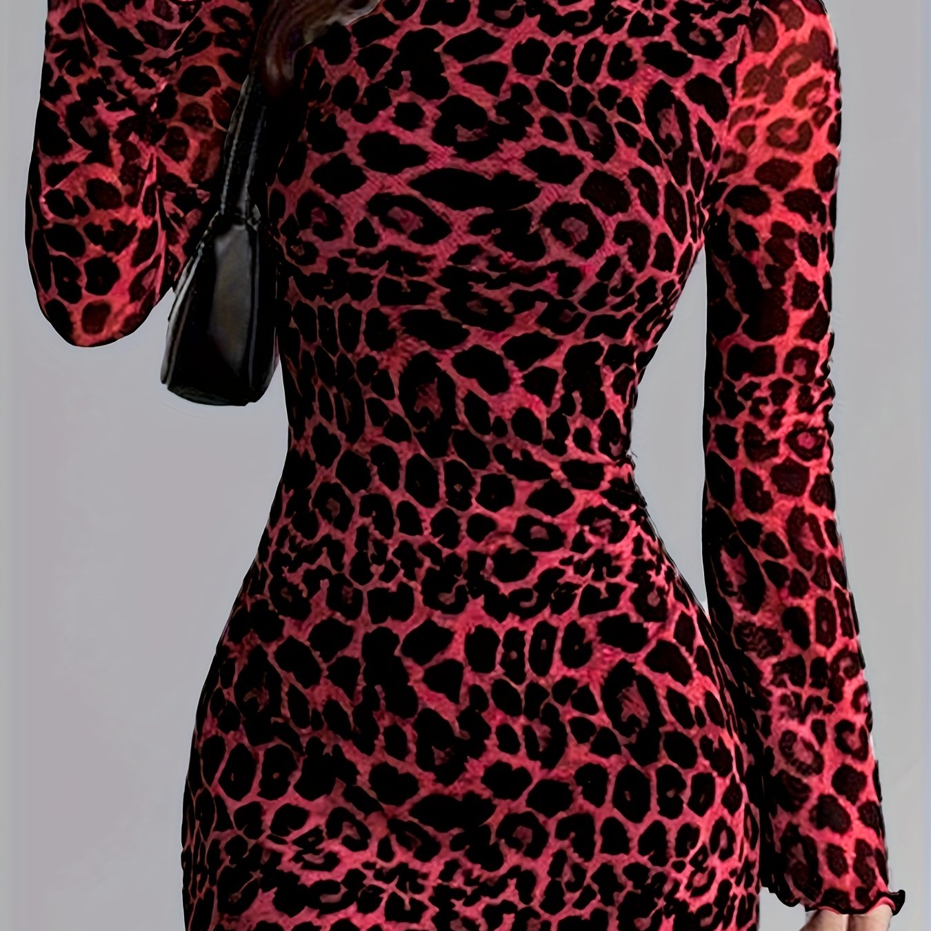 Leopard Print Mesh Long Sleeve Dress