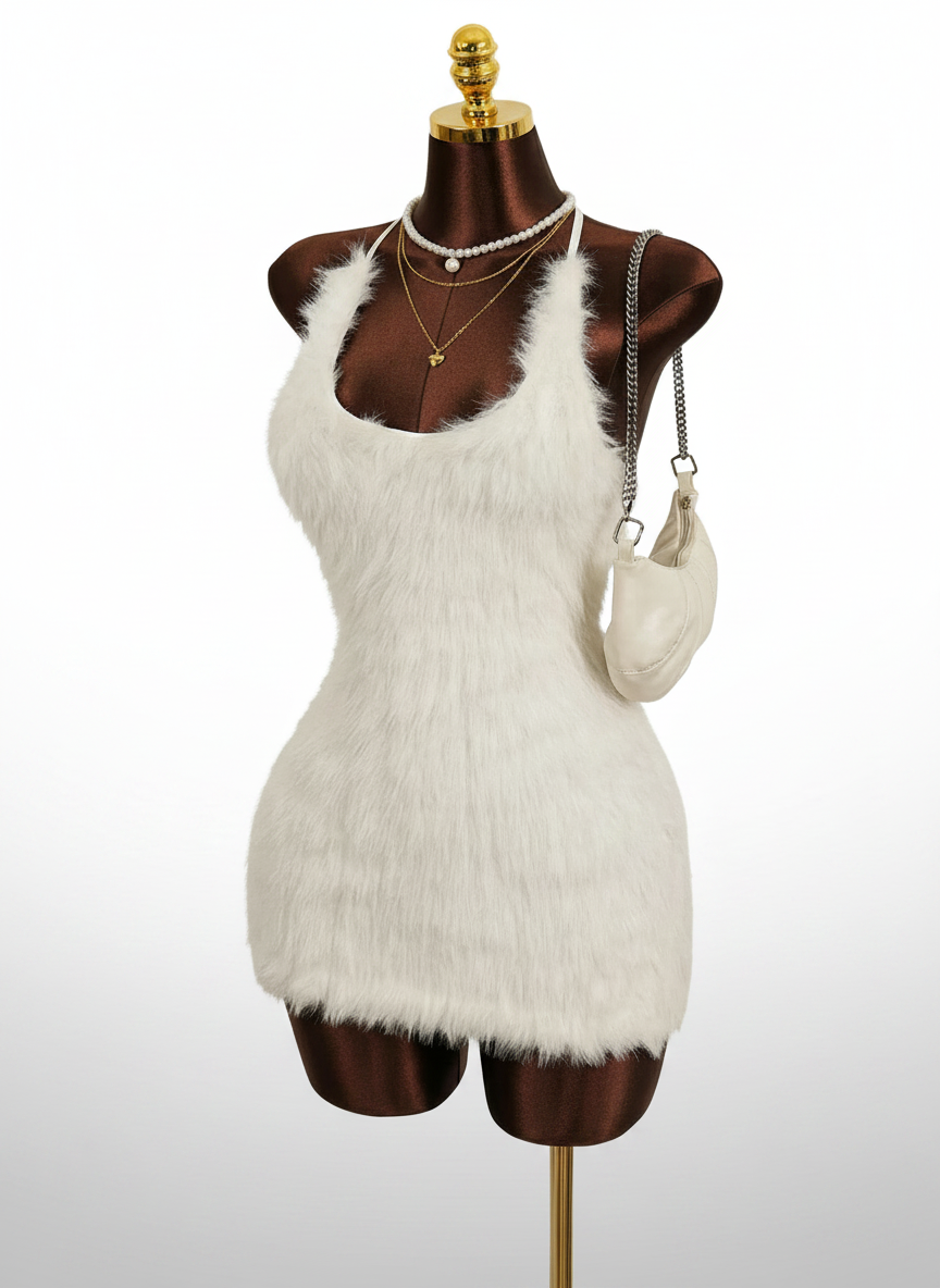 Plush U-Neck Backless Tie Detail Dress