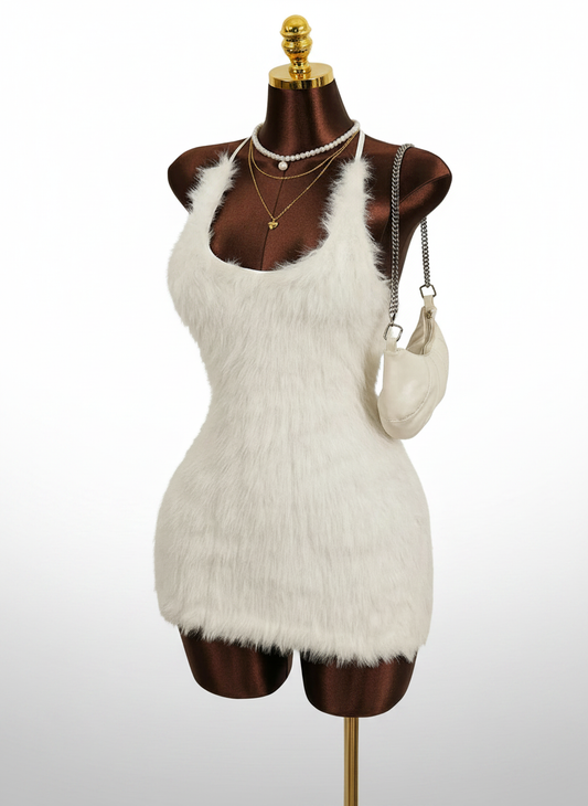 Plush U-Neck Backless Tie Detail Dress