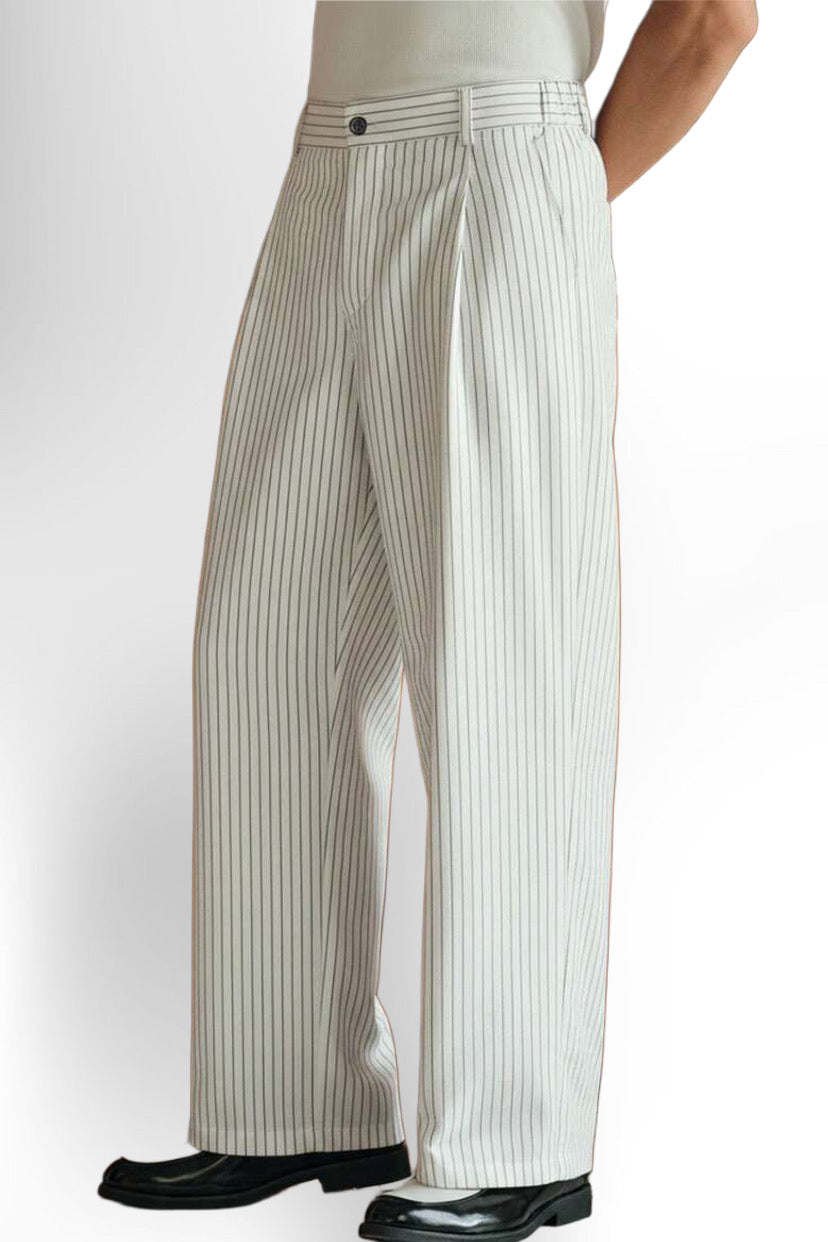 Men's Striped Print Fold Pleated Business Casual Dress Pants