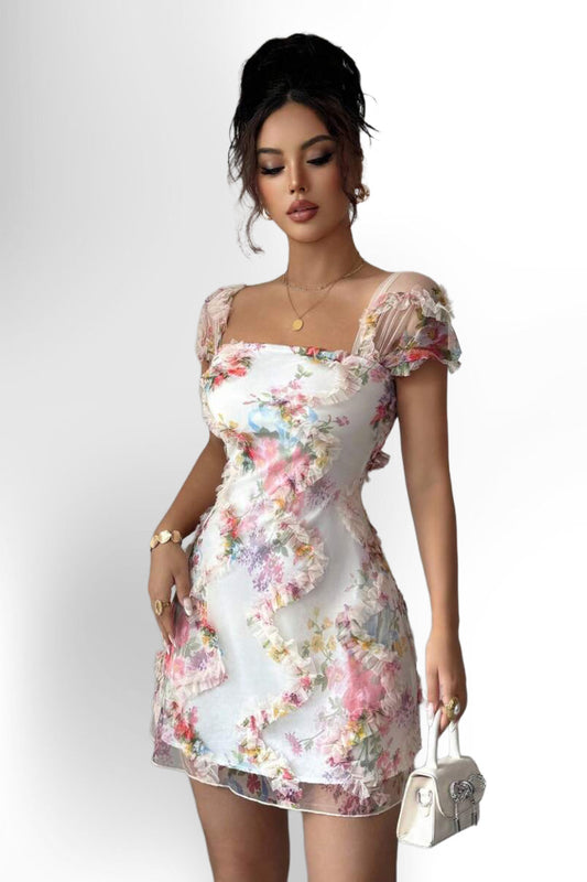 Retro Ditsy Floral Mesh Frill Hem Form-Fitting Slip Dress