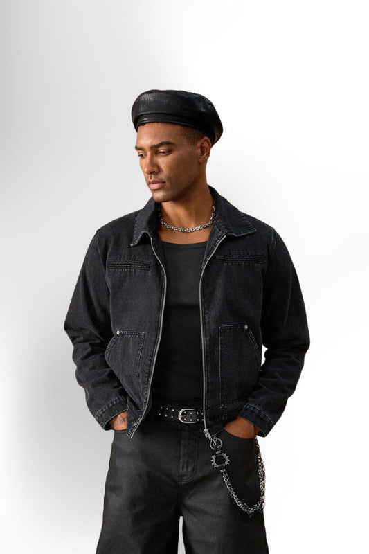Men Washed Black Denim Jacket