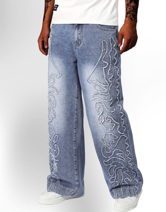 Men's Loose Geometric Embroidery Graphic Print Denim Jeans