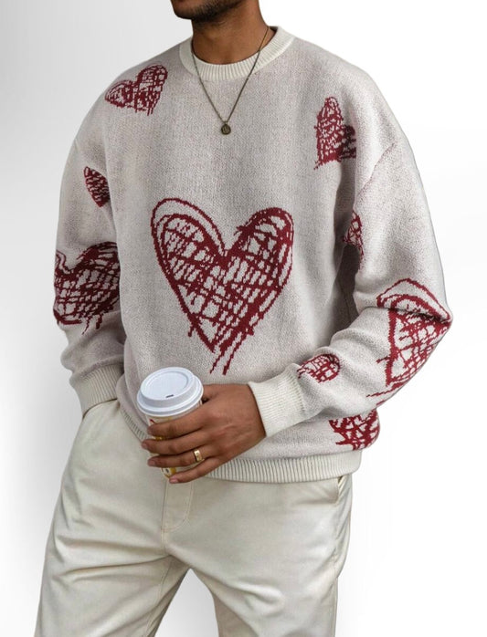 Men's Casual Crew Neck Heart Pattern Knit Sweater
