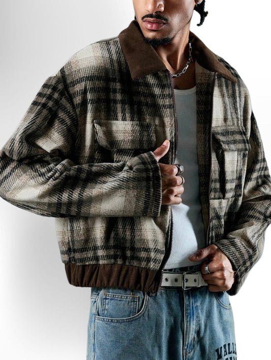 Men's Casual Plaid Patchwork Short Thick Overcoat Jacket